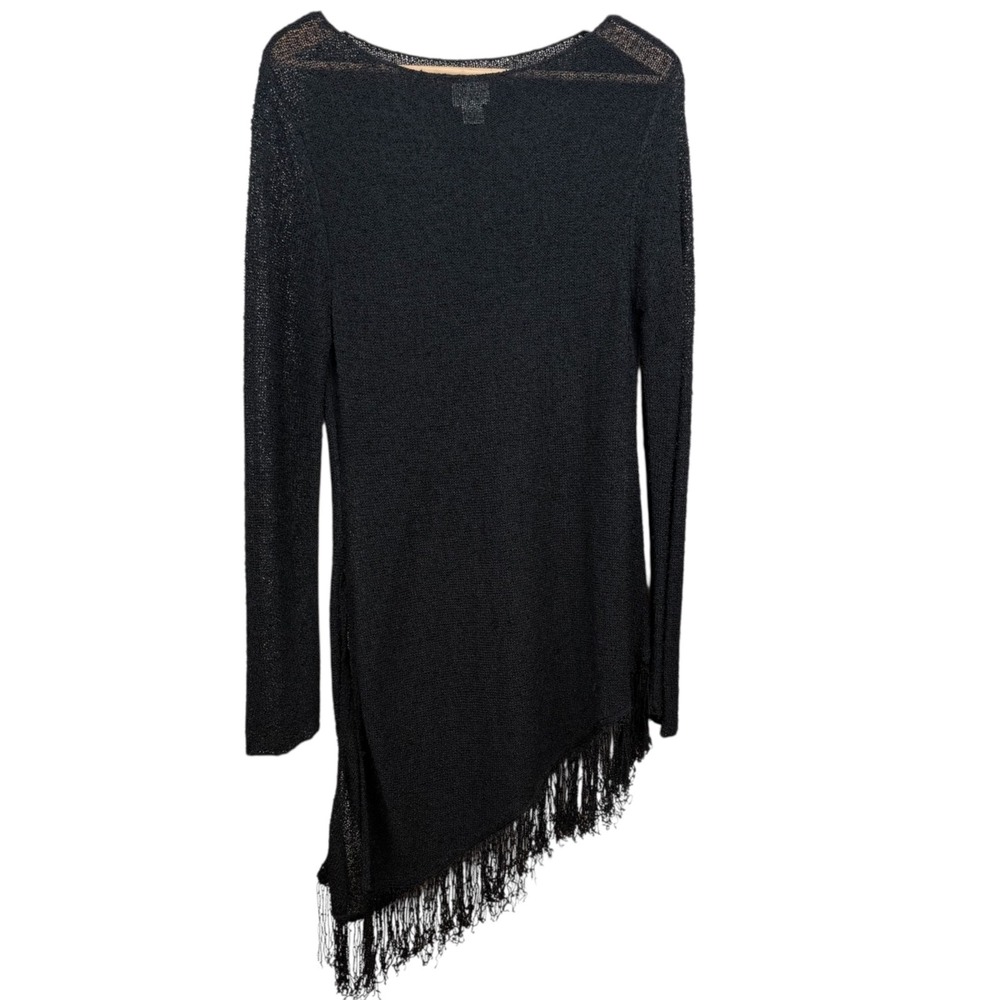 Chico's Asymmetrical Hem Open Knit Top Black Long Sleeve Tassel Hem‎ Size 1